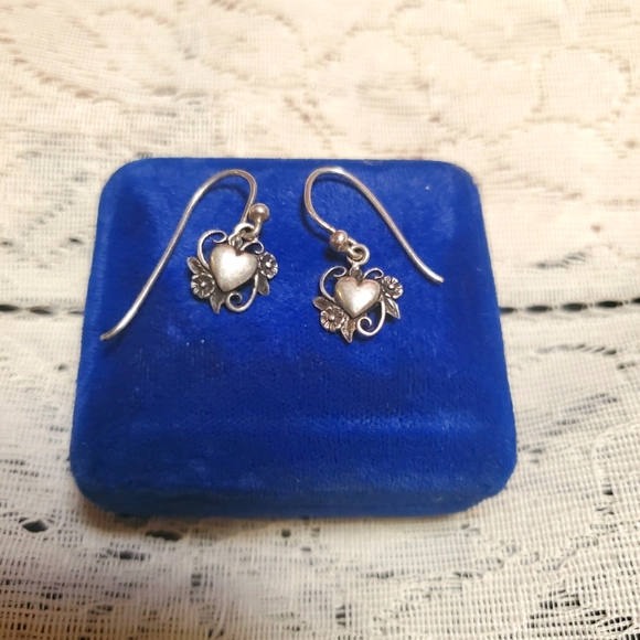 Jewelry - Vintage .925 Tiny Heart Earrings Flower Accent Sterling Silver
